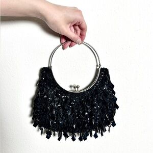 Vintage Black Hand Beaded Fringe Mini Bag
